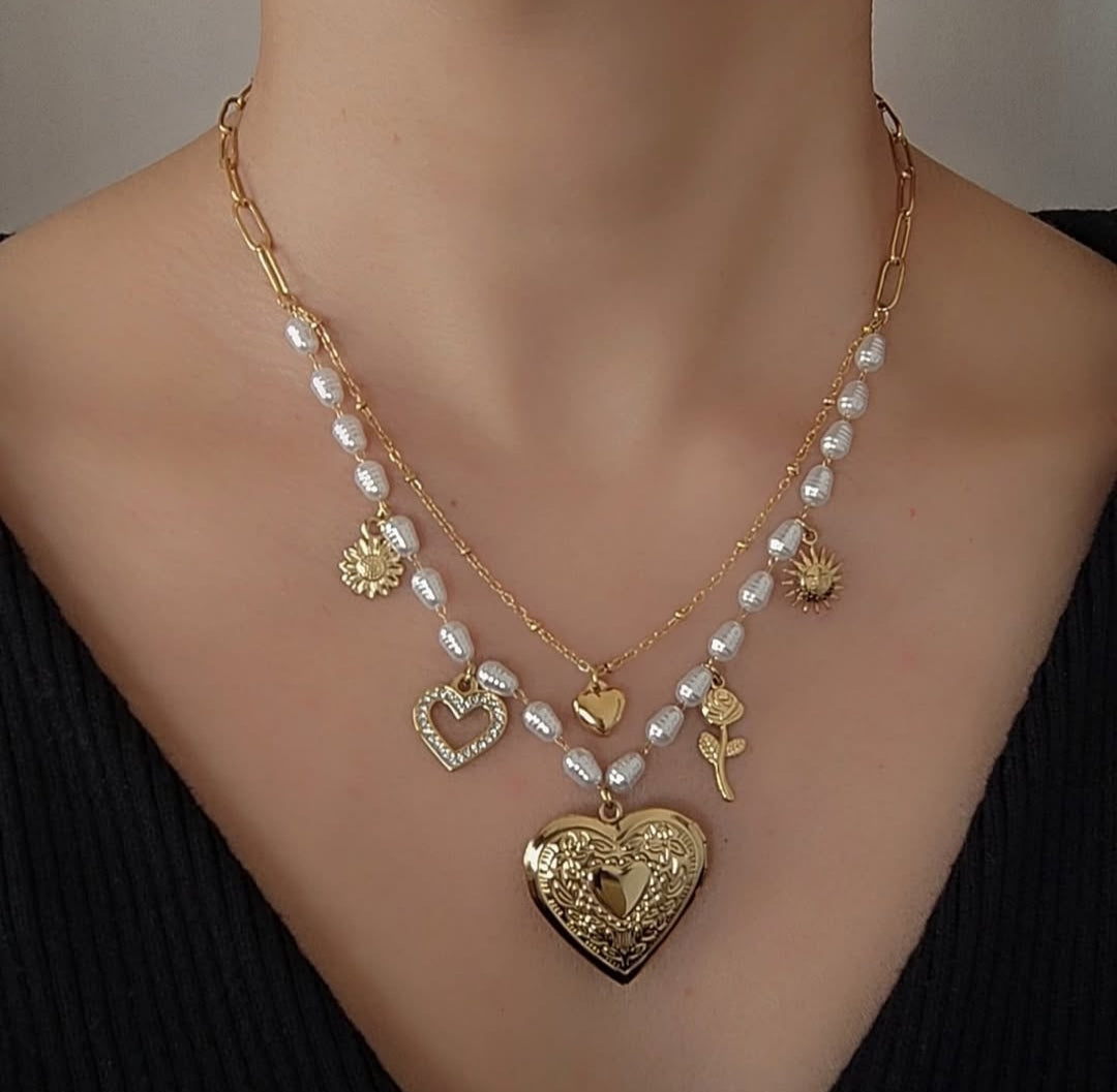 Multi Charms Gold Heart Shape Necklace