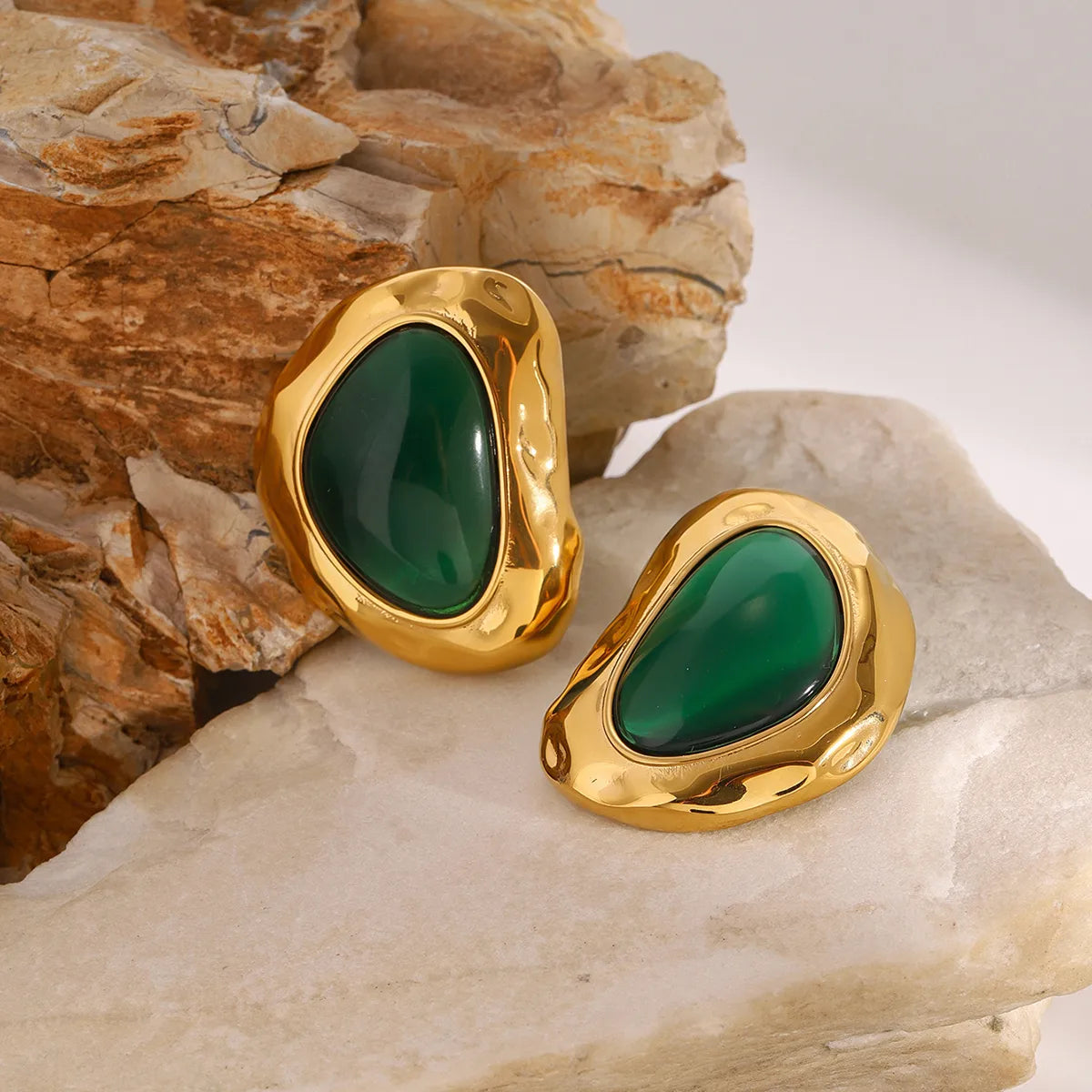 Irregular Gold Green Ear Studs