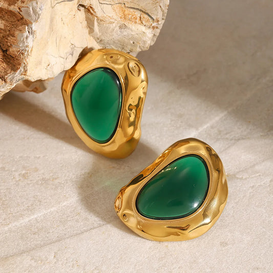 Irregular Gold Green Ear Studs