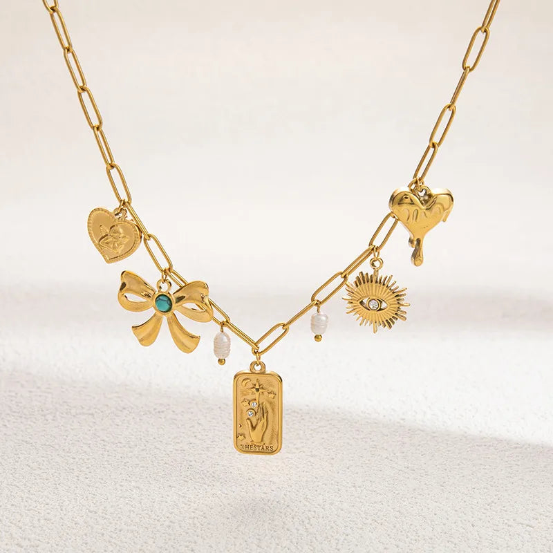 Gold Bow Knot Heart Shape Necklace