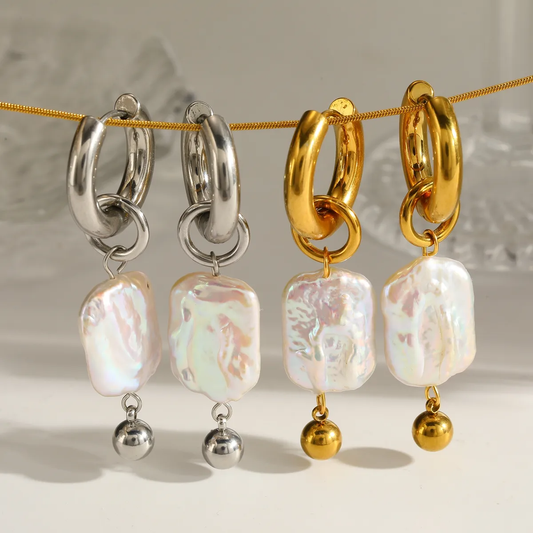 Gold Freshwater Pearl Square Earrings