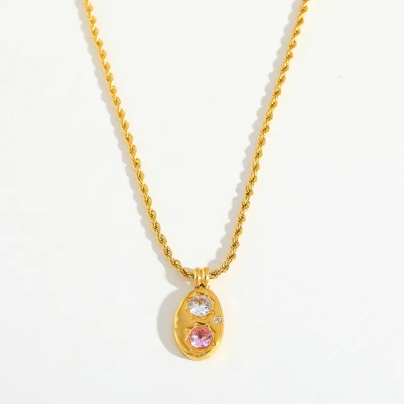 Pink and White Detailed Oval Pendant Necklace
