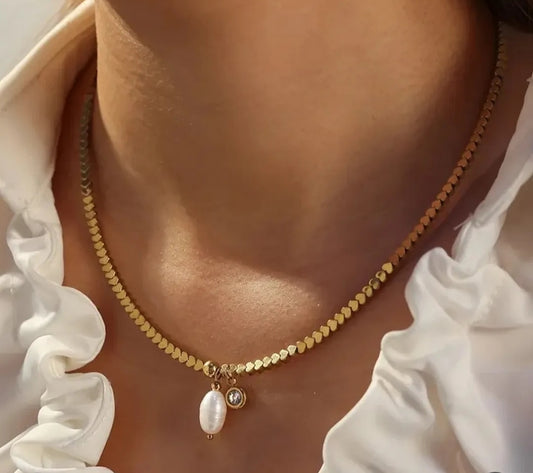 18K Gold Plated 304 Stainless Steel Round Heart-Shaped Pearl Beaded Chain