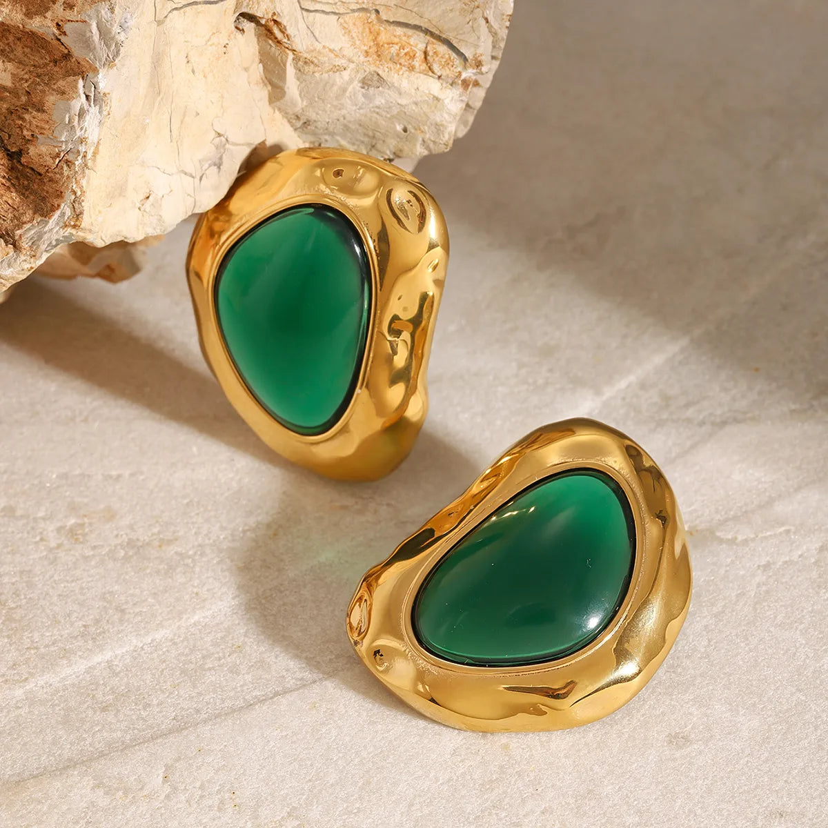 Irregular Gold Green Ear Studs