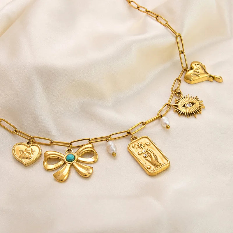 Gold Bow Knot Heart Shape Necklace